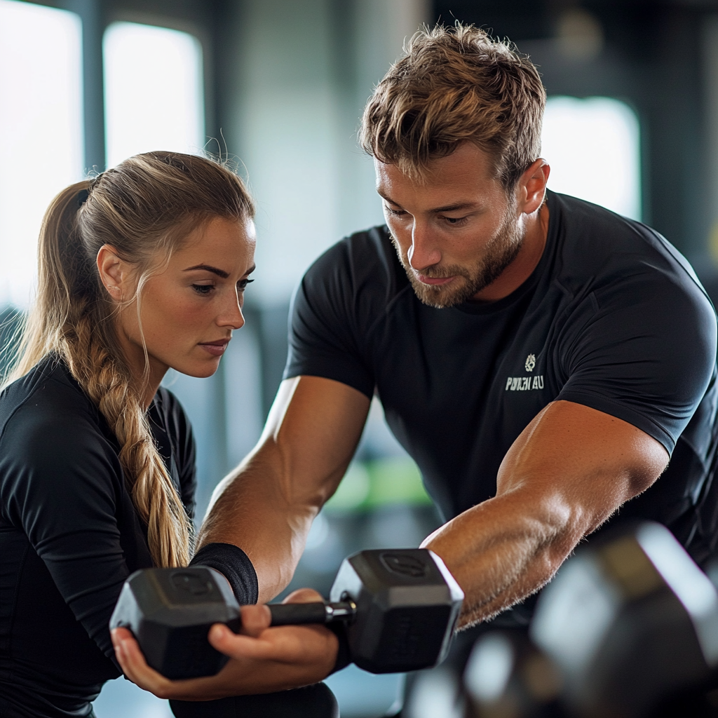 Персональний тренер працює з клієнтом, демонструючи правильну техніку виконання вправ з гантелями